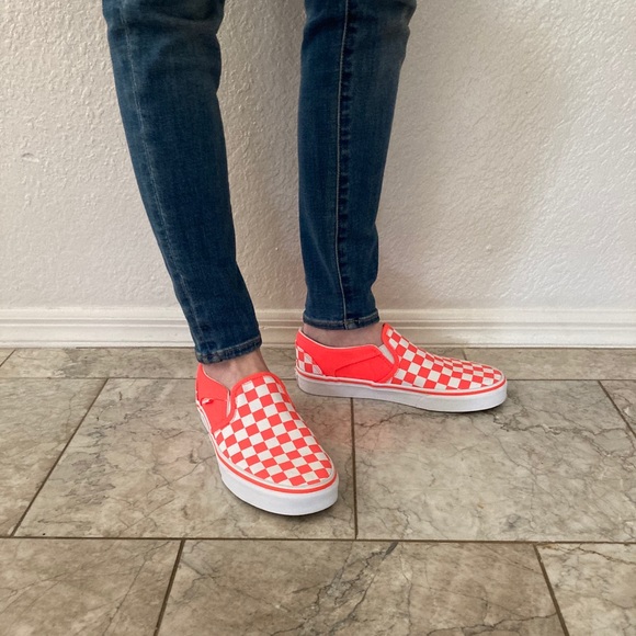 neon orange checkerboard vans